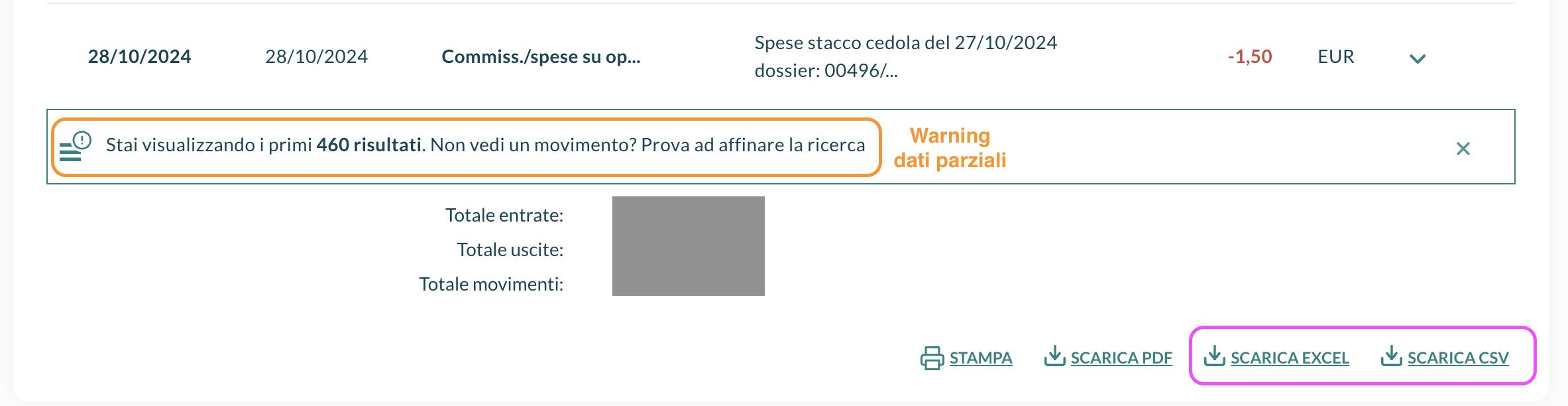 Crédit Agricole — account activity export with period warning