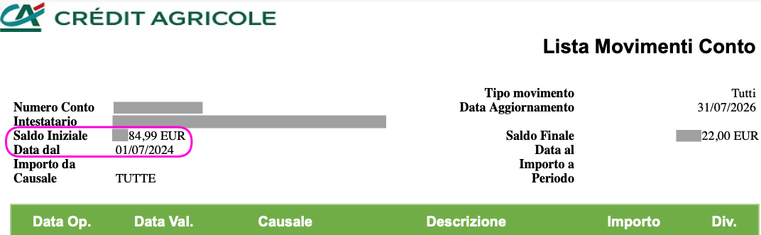 Crédit Agricole — "Starting Balance" and "Date from" row at the top of export