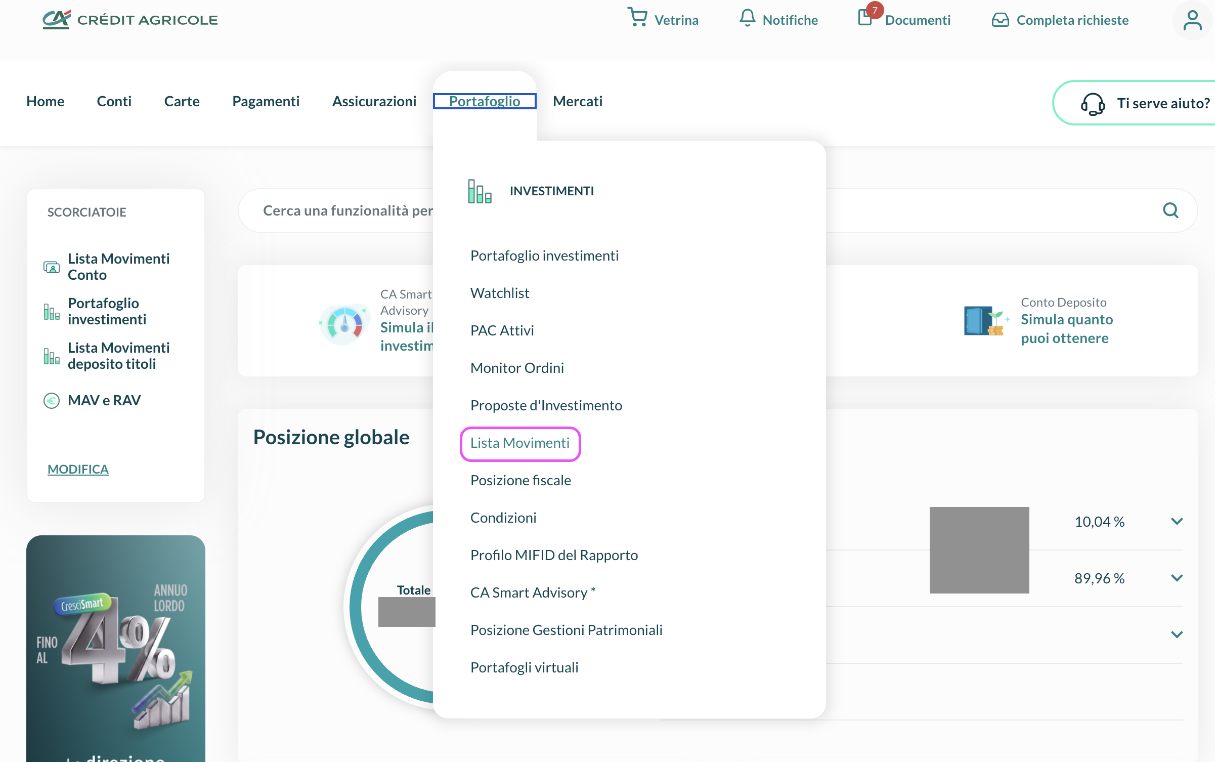 Crédit Agricole — home, selecting the Securities Account section