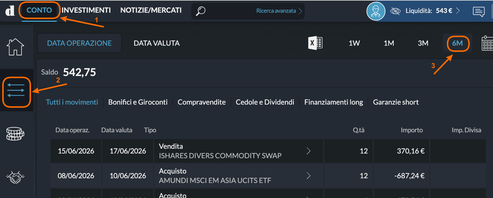 Directa SIM — CONTO tab, transaction list, time period selector