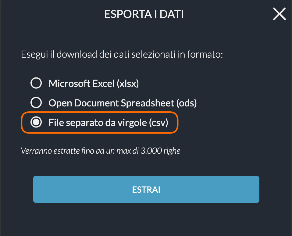 Directa SIM — Export dialog, CSV option selected