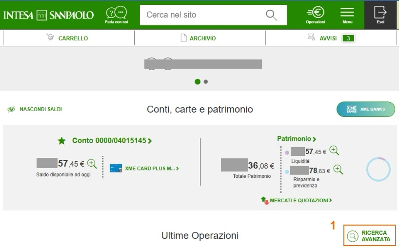 Intesa Sanpaolo โ home page, RICERCA AVANZATA next to Ultime Operazioni