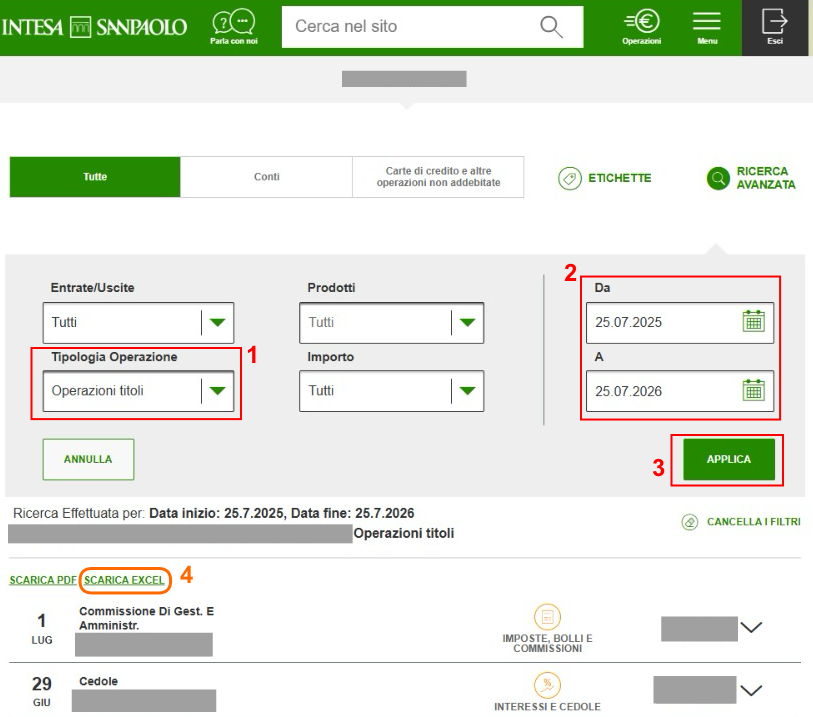 Intesa Sanpaolo โ Tipologia Operazione set to Operazioni titoli, period, APPLICA and SCARICA EXCEL