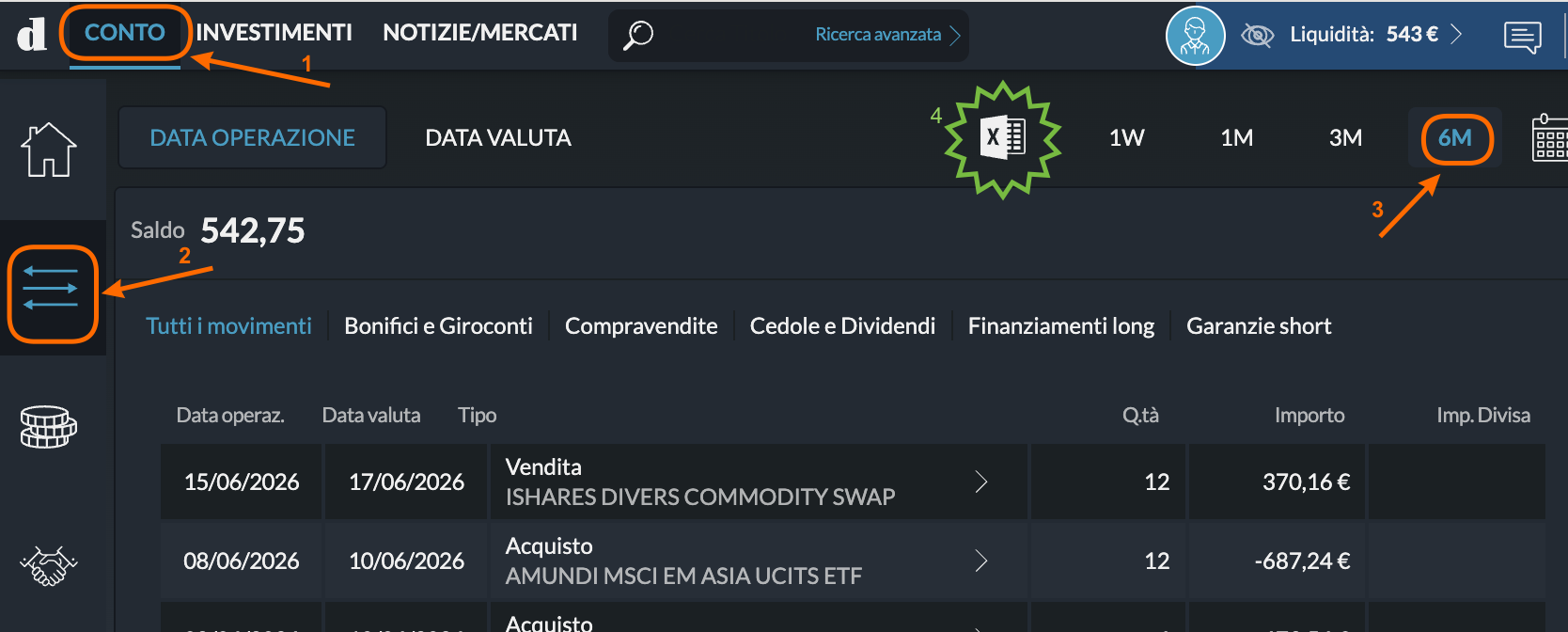 Directa SIM — CONTO tab, transaction list, time period selector