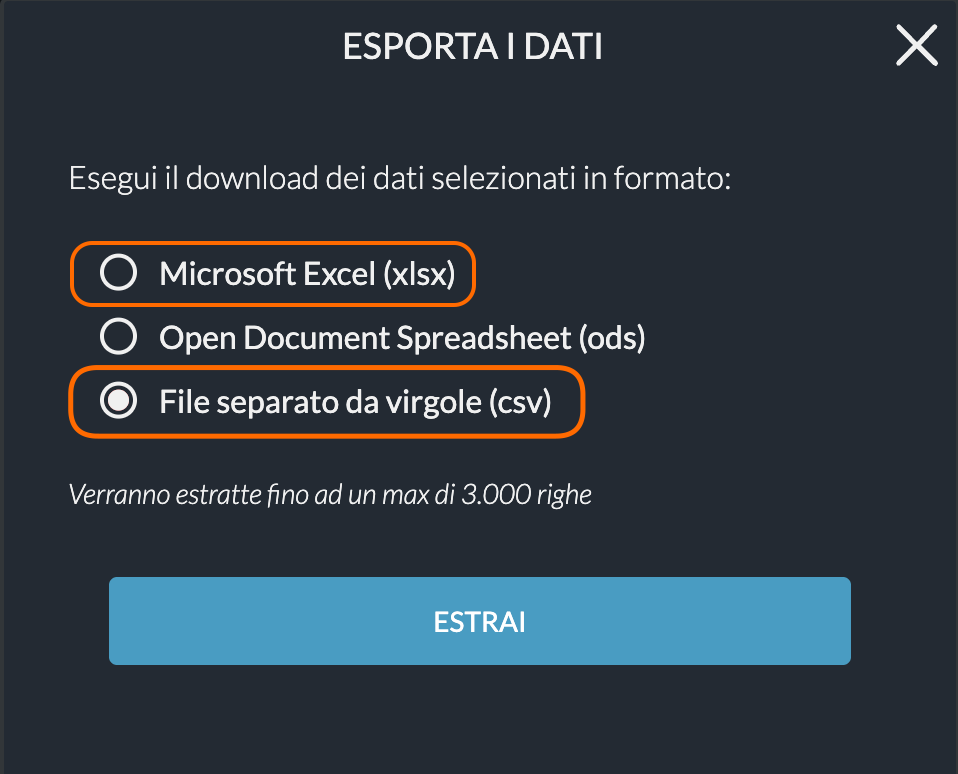 Directa SIM — Export dialog, CSV option selected